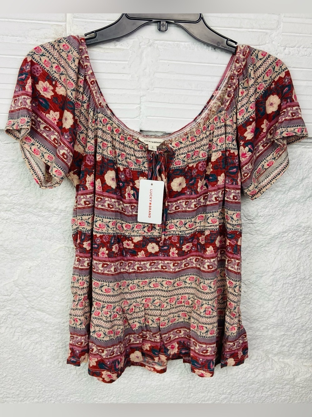 NWT Lucky Brand pink & cream cotton bohemian Floral Peasant Top size small - Picture 3 of 14